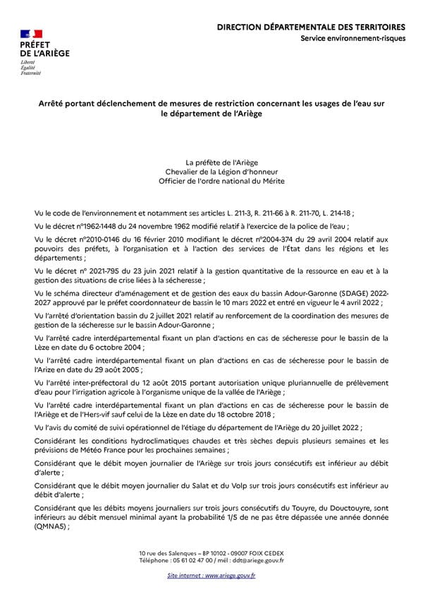 Arrêté 22.07.2022 - Restriction d'eau