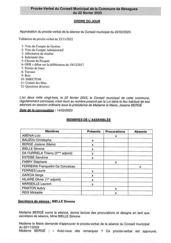 Conseil municipal du 22 Février 2023