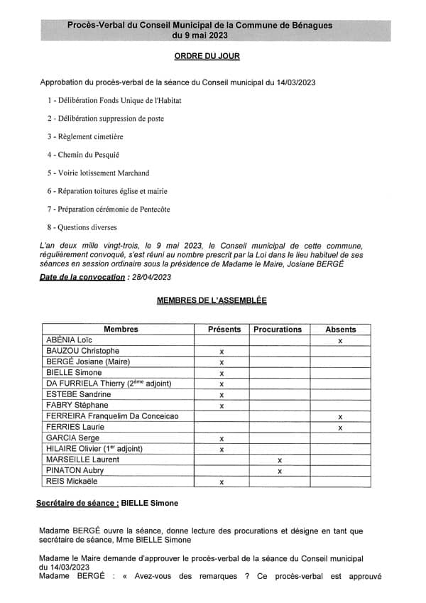 Conseil Municipal Bénagues